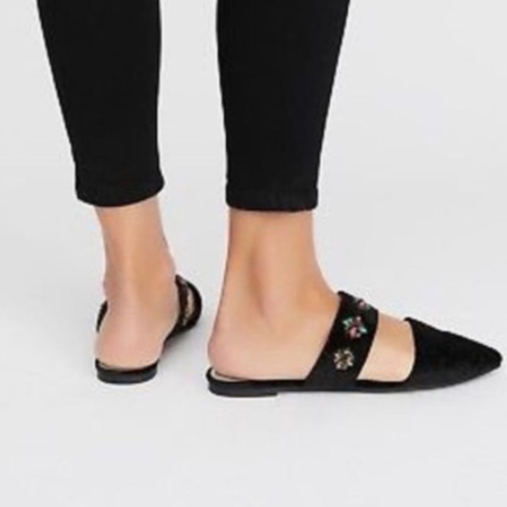 Free People Black Velvet Mules Jeweled Embellished Flats Size 9